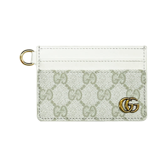 GG WHITE MONOGRAM CARD HOLDER WITH GOLD LOGO AND KEY RING